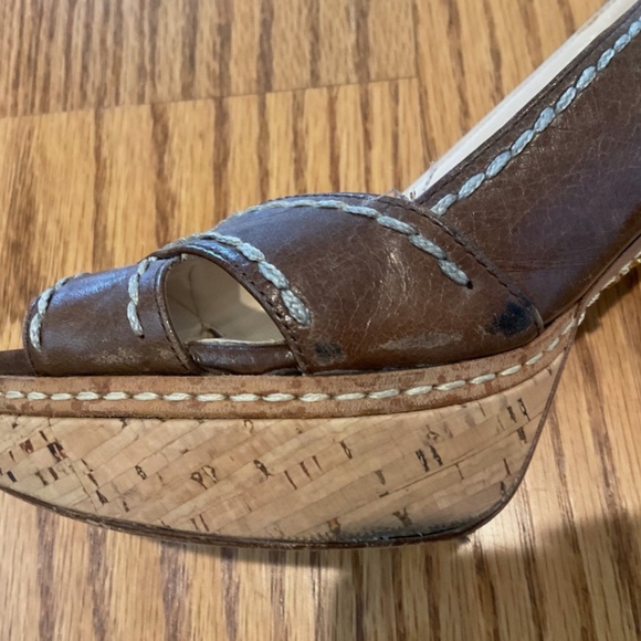 Prada Brown Leather Cork Wedge Sandals Size 36.5 (6 1/2) - Slingback Peep Toe - Picture 6 of 16